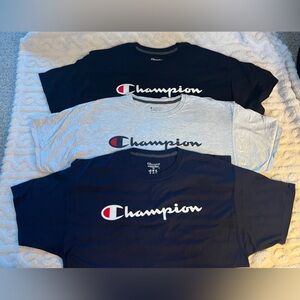 Men’s Champion Vapor Tee’s
Qty: 3
Size: XL
Colors: Black, Light Grey & Navy